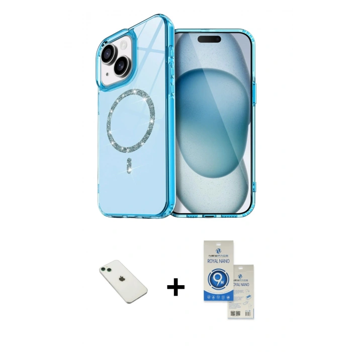 MARSİLYAN™- iPhone 14 Kılıf Kıvılcım Form Prime - Şeffaf Royal Nano Ekran Koruyucu + Yeşil Diamond Kamera Lens