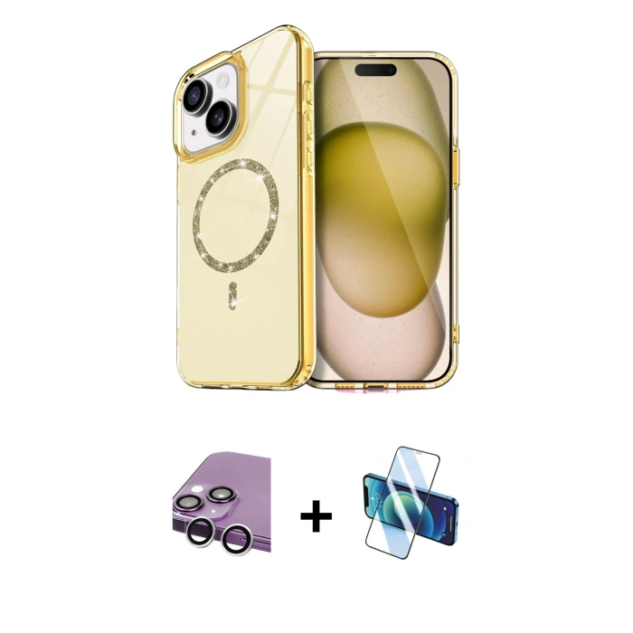 MARSİLYAN™- iPhone 14 Kılıf Kıvılcım Form Prime - Siyah 3D Antistatik Cam Ekran Koruyucu + Raze Metal Kamera Lens - GS