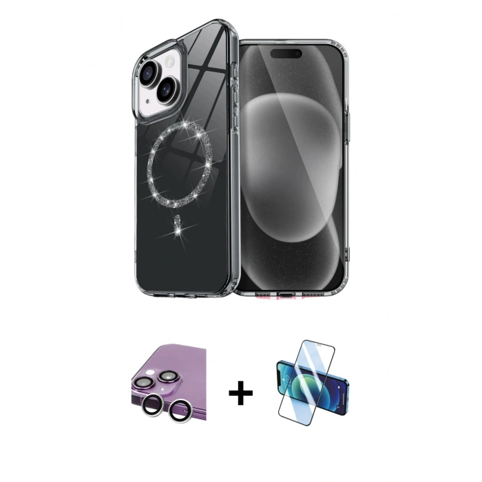 MARSİLYAN™- iPhone 14 Kılıf Kıvılcım Form Prime - Siyah 3D Antistatik Cam Ekran Koruyucu + Raze Metal Kamera Lens - GS