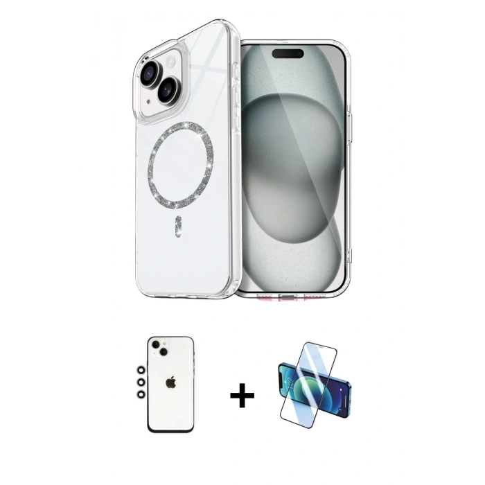MARSİLYAN™- iPhone 14 Kılıf Kıvılcım Form Prime - Siyah 3D Antistatik Cam Ekran Koruyucu + Shine Kamera Lens - GS