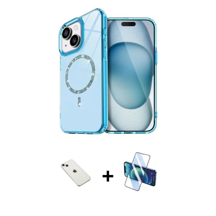 MARSİLYAN™- iPhone 14 Kılıf Kıvılcım Form Prime - Siyah 3D Antistatik Cam Ekran Koruyucu + Kırmızı Diamond Kamera Lens