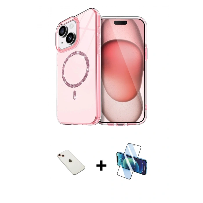 MARSİLYAN™- iPhone 14 Kılıf Kıvılcım Form Prime - Siyah 3D Antistatik Cam Ekran Koruyucu + Kırmızı Diamond Kamera Lens