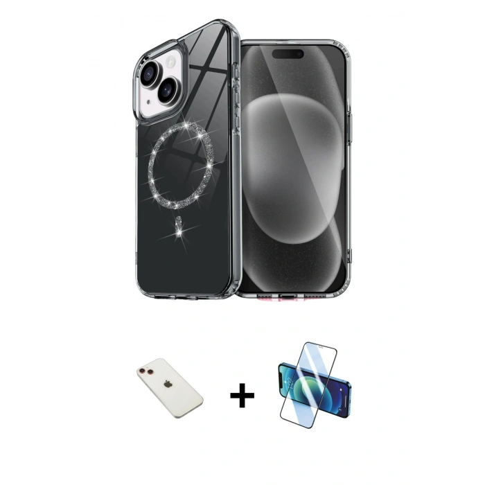 MARSİLYAN™- iPhone 14 Kılıf Kıvılcım Form Prime - Siyah 3D Antistatik Cam Ekran Koruyucu + Kırmızı Diamond Kamera Lens