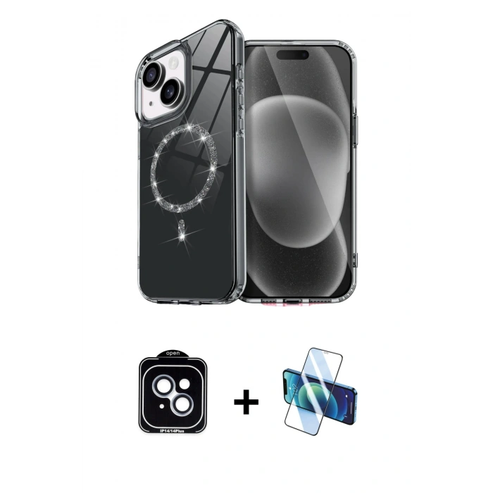 MARSİLYAN™- iPhone 14 Kılıf Kıvılcım Form Prime - Siyah 3D Antistatik Cam Ekran Koruyucu + PVD Metal Kamera Lens - MI