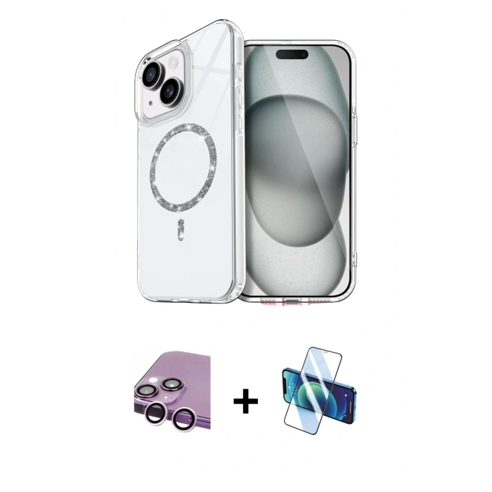 MARSİLYAN™- iPhone 14 Kılıf Kıvılcım Form Prime - Siyah 3D Antistatik Cam Ekran Koruyucu + Raze Metal Kamera Lens - MR
