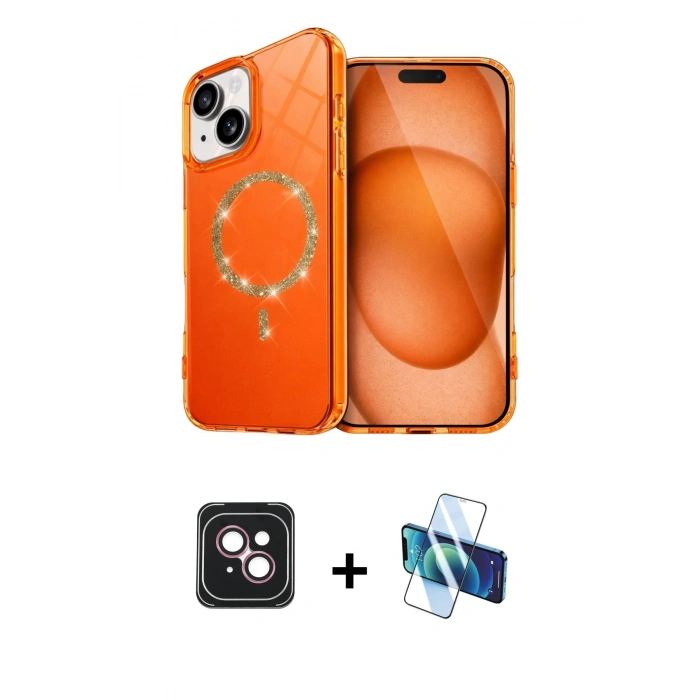MARSİLYAN™- iPhone 14 Kılıf Kıvılcım Form Prime - Siyah 3D Antistatik Cam Ekran Koruyucu + PVD Metal Kamera Lens - PE