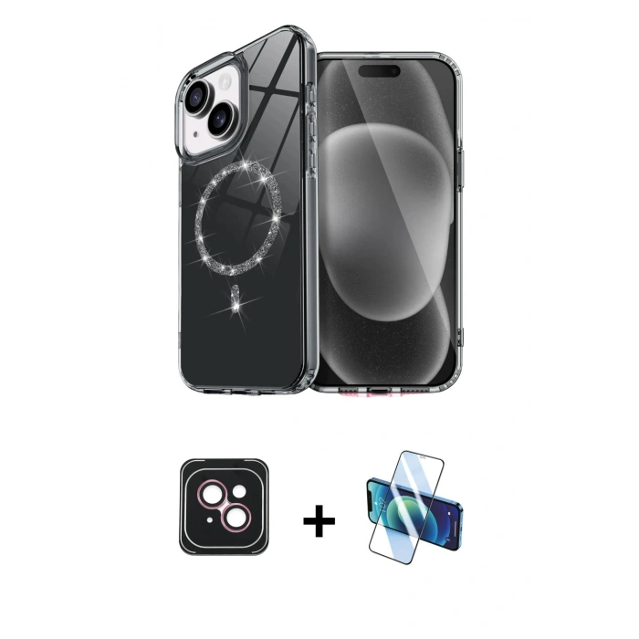 MARSİLYAN™- iPhone 14 Kılıf Kıvılcım Form Prime - Siyah 3D Antistatik Cam Ekran Koruyucu + PVD Metal Kamera Lens - PE