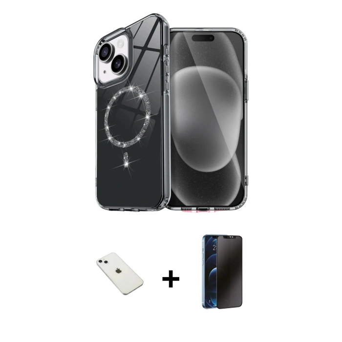 MARSİLYAN™- iPhone 14 Kılıf Kıvılcım Form Prime - Siyah 3D Antistatik Hayalet Cam Ekran Koruyucu + Diamond Kamera Lens - SABE