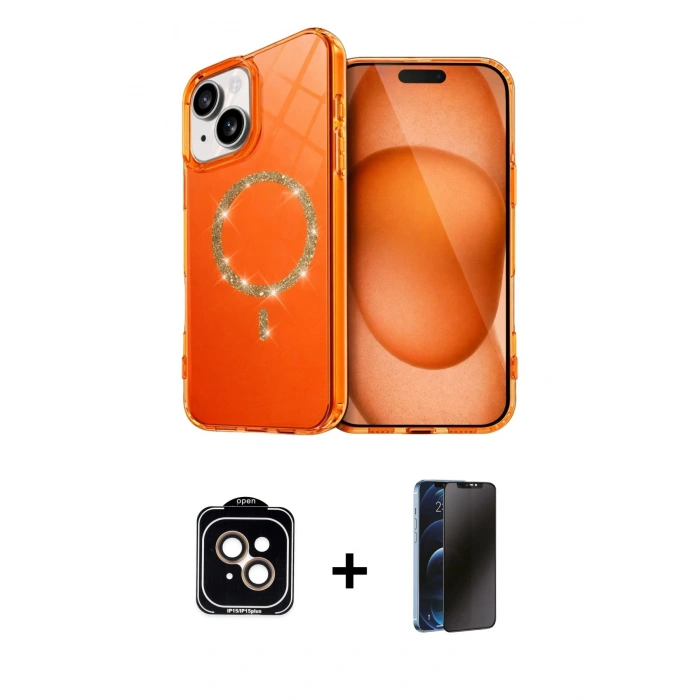 MARSİLYAN™- iPhone 14 Kılıf Kıvılcım Form Prime - Siyah 3D Antistatik Hayalet Cam Ekran Koruyucu + PVD Metal Kamera Lens - TU