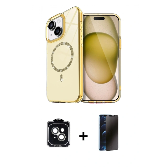 MARSİLYAN™- iPhone 14 Kılıf Kıvılcım Form Prime - Siyah 3D Antistatik Hayalet Cam Ekran Koruyucu + PVD Metal Kamera Lens - YL