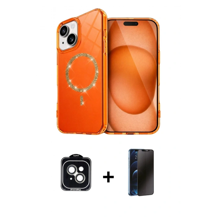 MARSİLYAN™- iPhone 14 Kılıf Kıvılcım Form Prime - Siyah 3D Antistatik Hayalet Cam Ekran Koruyucu + PVD Metal Kamera Lens - YL