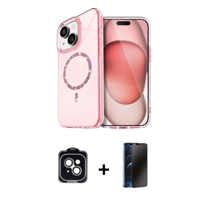 MARSİLYAN™- iPhone 14 Kılıf Kıvılcım Form Prime - Siyah 3D Antistatik Hayalet Cam Ekran Koruyucu + PVD Metal Kamera Lens - YL