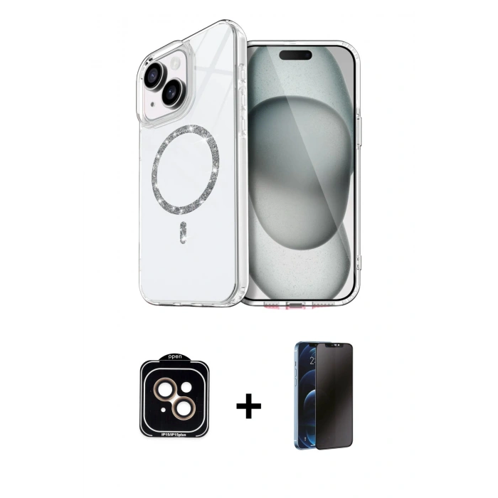MARSİLYAN™- iPhone 14 Kılıf Kıvılcım Form Prime - Siyah 3D Antistatik Hayalet Cam Ekran Koruyucu + PVD Metal Kamera Lens - TU