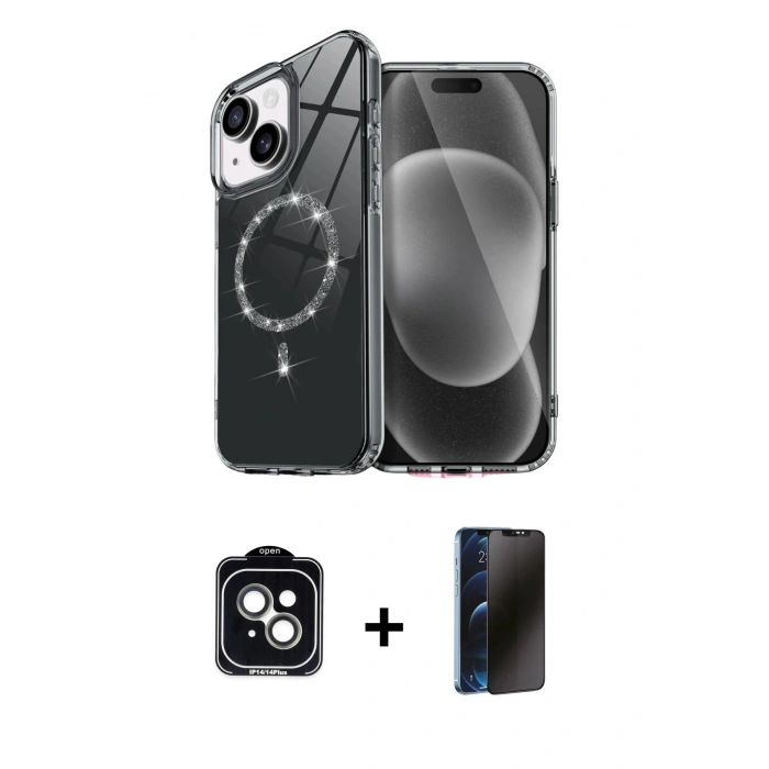 MARSİLYAN™- iPhone 14 Kılıf Kıvılcım Form Prime - Siyah 3D Antistatik Hayalet Cam Ekran Koruyucu + PVD Metal Kamera Lens - YL