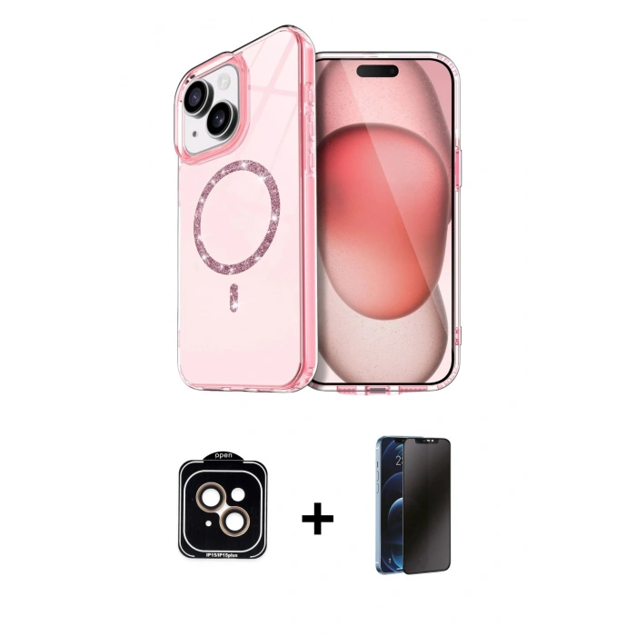 MARSİLYAN™- iPhone 14 Kılıf Kıvılcım Form Prime - Siyah 3D Antistatik Hayalet Cam Ekran Koruyucu + PVD Metal Kamera Lens - TU