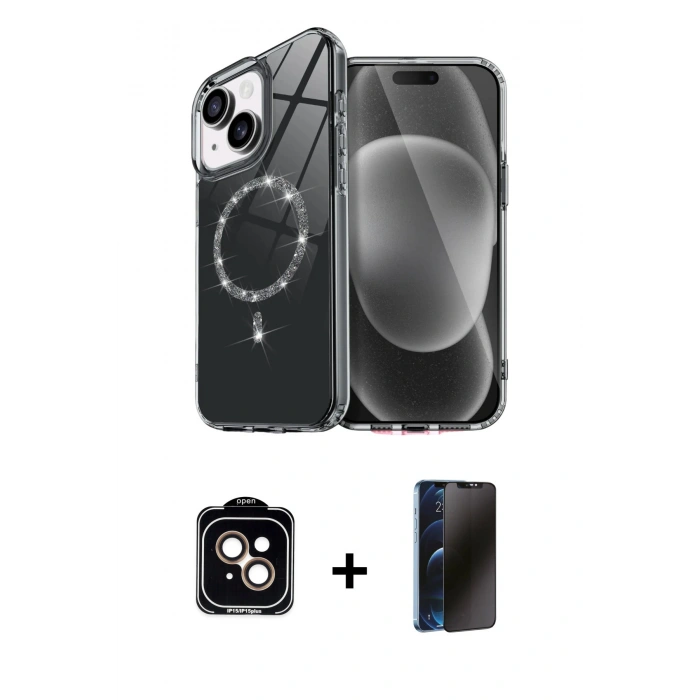 MARSİLYAN™- iPhone 14 Kılıf Kıvılcım Form Prime - Siyah 3D Antistatik Hayalet Cam Ekran Koruyucu + PVD Metal Kamera Lens - TU