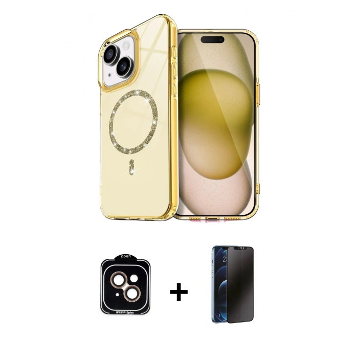 MARSİLYAN™- iPhone 14 Kılıf Kıvılcım Form Prime - Siyah 3D Antistatik Hayalet Cam Ekran Koruyucu + PVD Metal Kamera Lens - TU