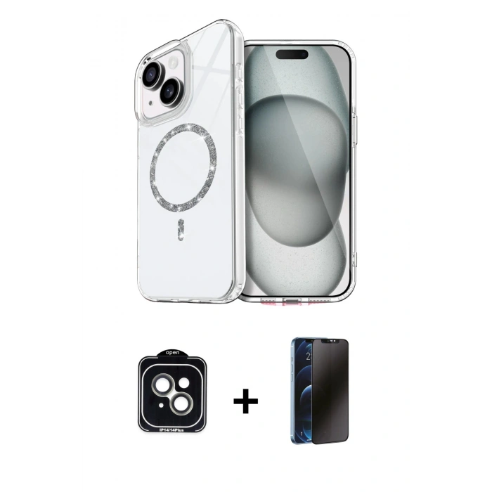 MARSİLYAN™- iPhone 14 Kılıf Kıvılcım Form Prime - Siyah 3D Antistatik Hayalet Cam Ekran Koruyucu + PVD Metal Kamera Lens - YL