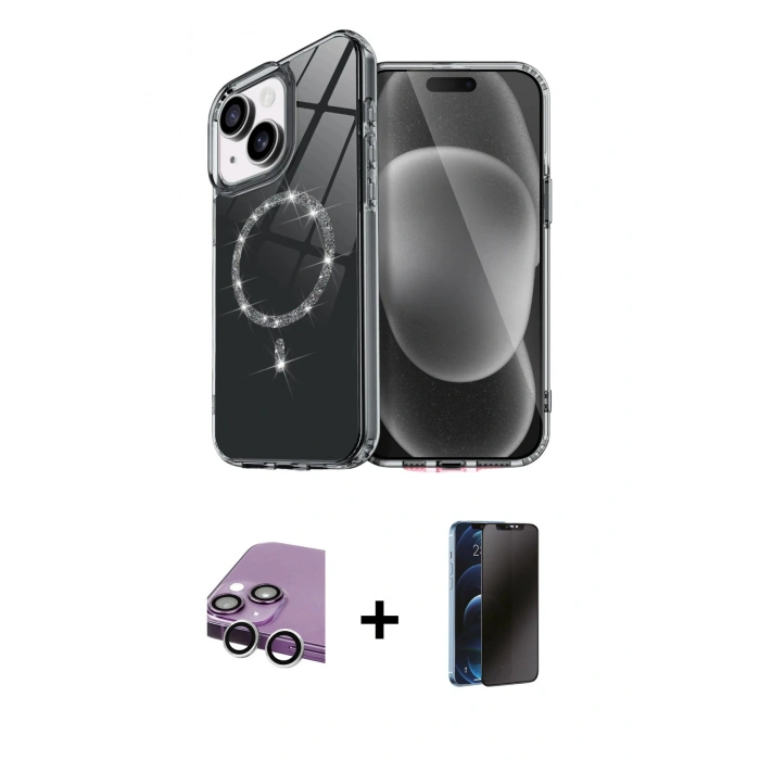 MARSİLYAN™- iPhone 14 Kılıf Kıvılcım Form Prime - Siyah 3D Antistatik Hayalet Cam Ekran Koruyucu + Raze Metal Kamera Lens - GS