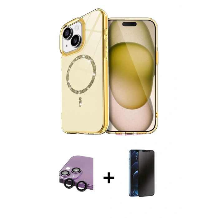 MARSİLYAN™- iPhone 14 Kılıf Kıvılcım Form Prime - Siyah 3D Antistatik Hayalet Cam Ekran Koruyucu + Raze Metal Kamera Lens - SH