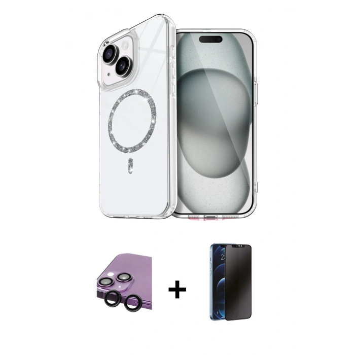 MARSİLYAN™- iPhone 14 Kılıf Kıvılcım Form Prime - Siyah 3D Antistatik Hayalet Cam Ekran Koruyucu + Raze Metal Kamera Lens - SH