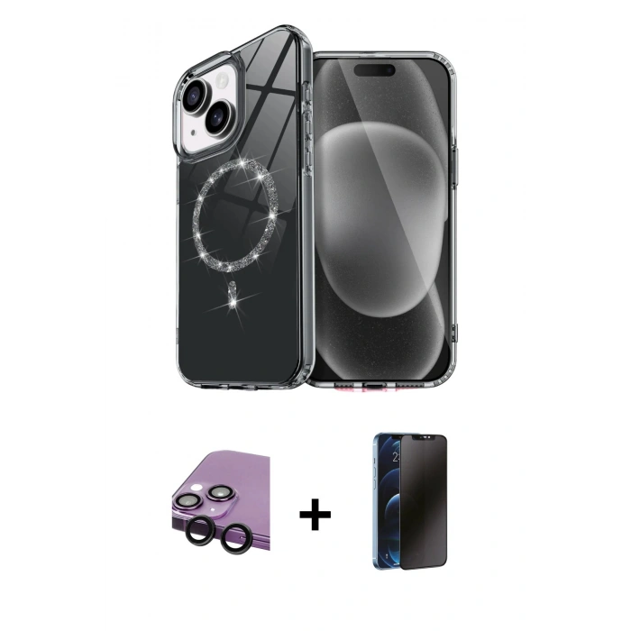 MARSİLYAN™- iPhone 14 Kılıf Kıvılcım Form Prime - Siyah 3D Antistatik Hayalet Cam Ekran Koruyucu + Raze Metal Kamera Lens - SH