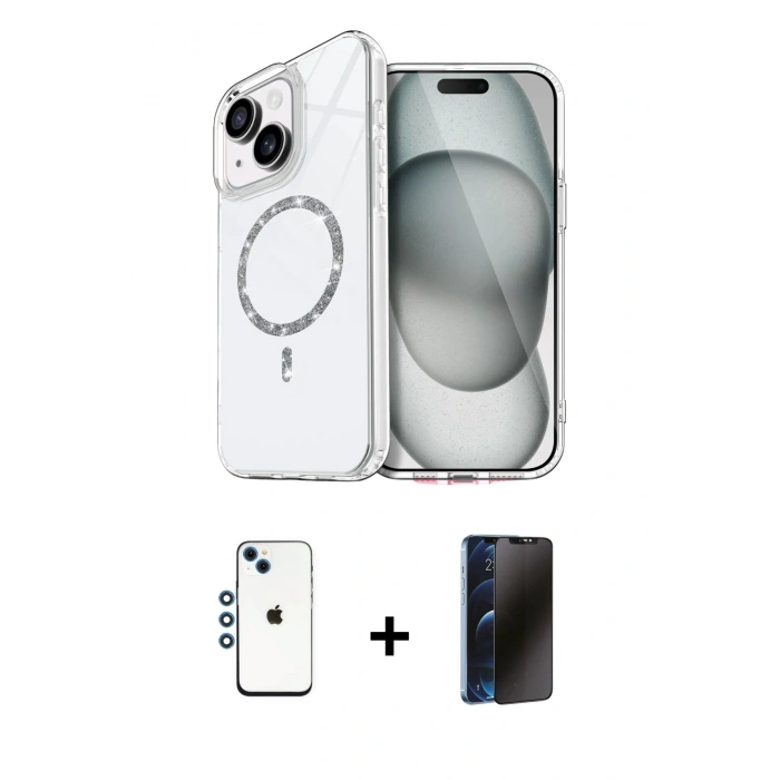 MARSİLYAN™- iPhone 14 Kılıf Kıvılcım Form Prime - Siyah 3D Antistatik Hayalet Cam Ekran Koruyucu + Shine Kamera Lens - MI
