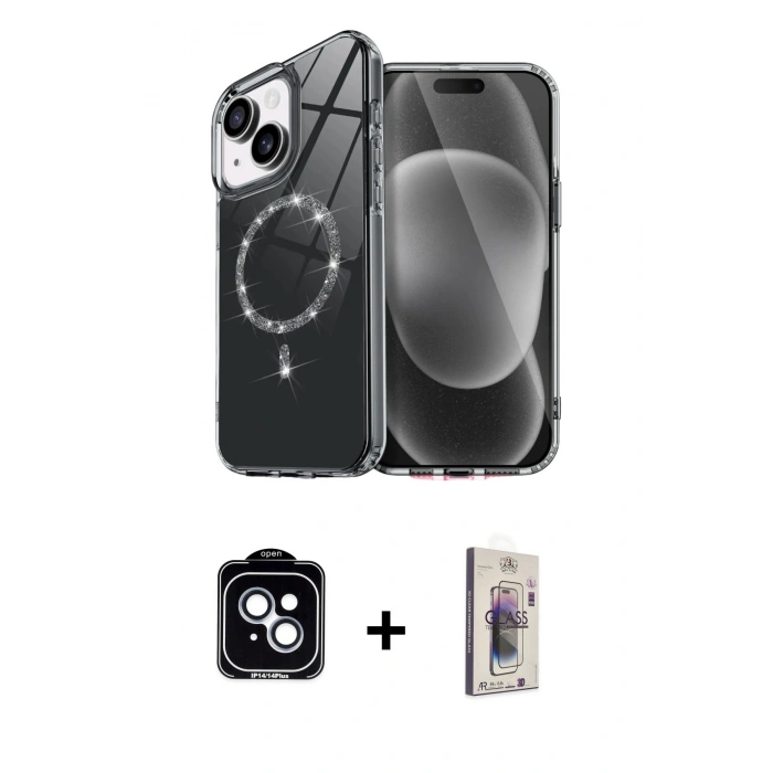 MARSİLYAN™- iPhone 14 Kılıf Kıvılcım Form Prime - Siyah Bilvis 3D Cam Ekran Koruyucu + PVD Metal Kamera Lens - MI