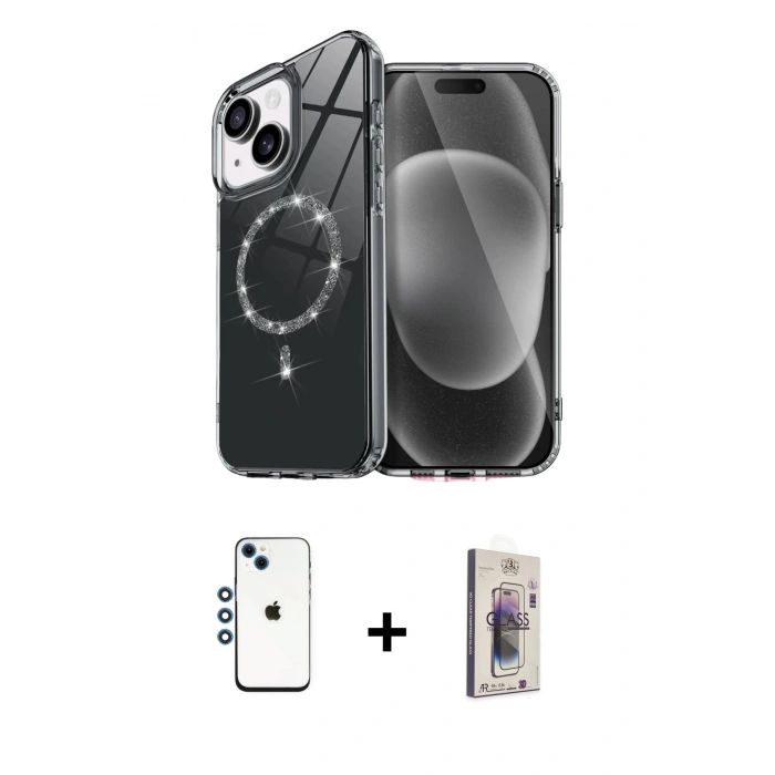 MARSİLYAN™- iPhone 14 Kılıf Kıvılcım Form Prime - Siyah Bilvis 3D Cam Ekran Koruyucu + Shine Kamera Lens - MI