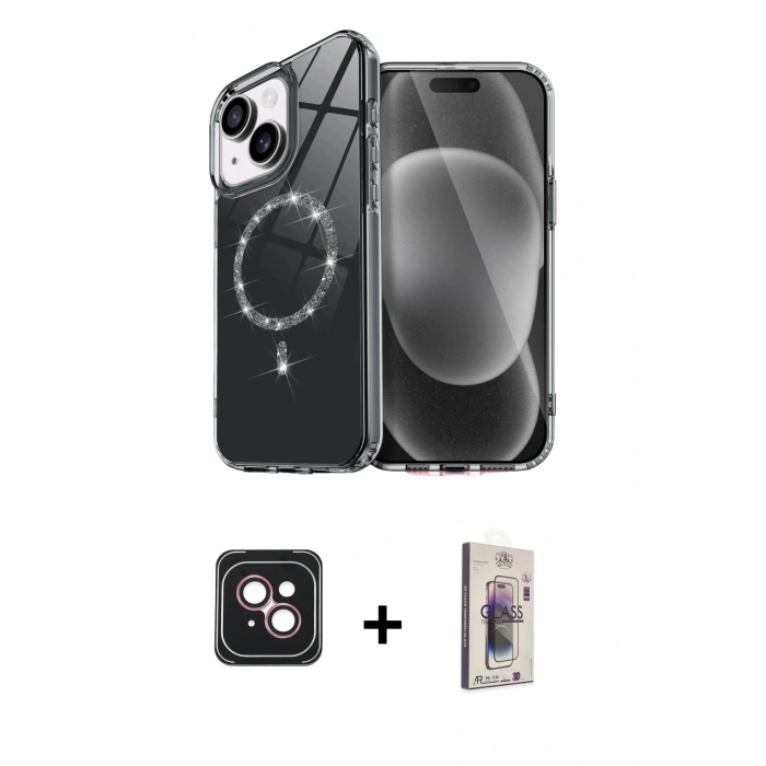 MARSİLYAN™- iPhone 14 Kılıf Kıvılcım Form Prime - Siyah Bilvis 3D Cam Ekran Koruyucu + PVD Metal Kamera Lens - PE