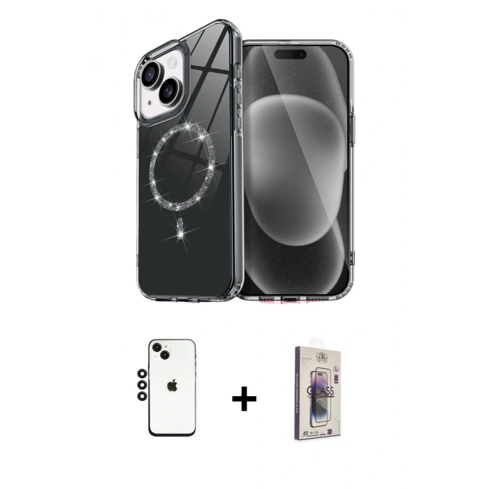 MARSİLYAN™- iPhone 14 Kılıf Kıvılcım Form Prime - Siyah Bilvis 3D Cam Ekran Koruyucu + Shine Kamera Lens - SH