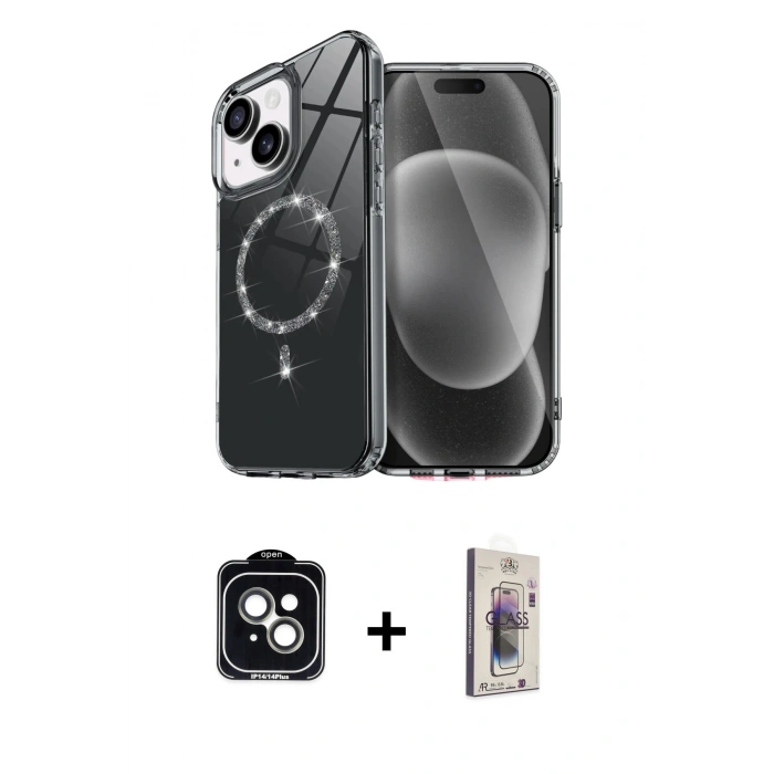 MARSİLYAN™- iPhone 14 Kılıf Kıvılcım Form Prime - Siyah Bilvis 3D Cam Ekran Koruyucu + PVD Metal Kamera Lens - YL