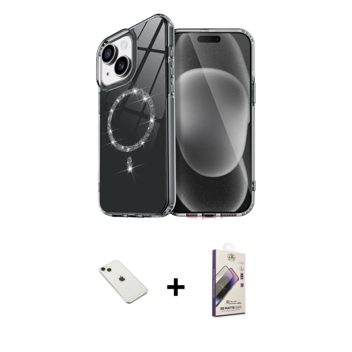 MARSİLYAN™- iPhone 14 Kılıf Kıvılcım Form Prime - Siyah Bilvis 3D Mat Cam Ekran Koruyucu + Diamond Kamera Lens - YL