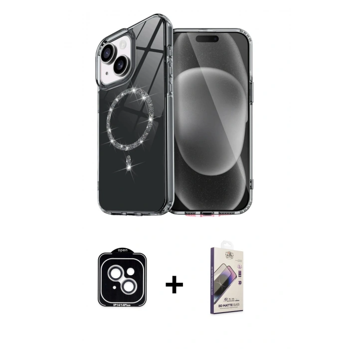 MARSİLYAN™- iPhone 14 Kılıf Kıvılcım Form Prime - Siyah Bilvis 3D Mat Cam Ekran Koruyucu + PVD Metal Kamera Lens - GS