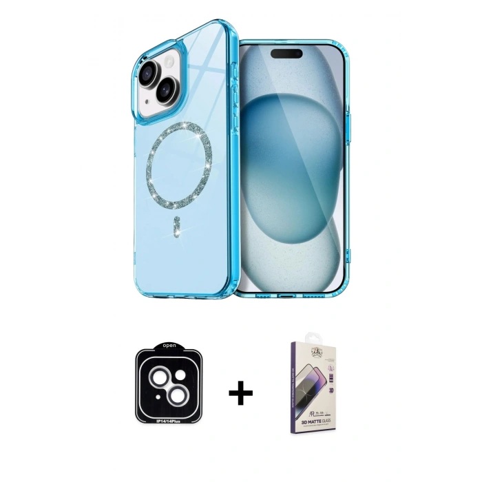 MARSİLYAN™- iPhone 14 Kılıf Kıvılcım Form Prime - Siyah Bilvis 3D Mat Cam Ekran Koruyucu + PVD Metal Kamera Lens - GS