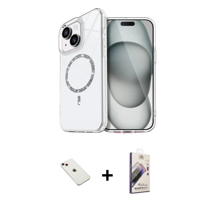 MARSİLYAN™- iPhone 14 Kılıf Kıvılcım Form Prime - Siyah Bilvis 3D Mat Cam Ekran Koruyucu + Diamond Kamera Lens - KI