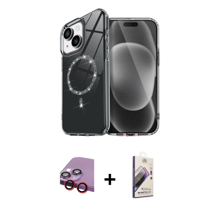 MARSİLYAN™- iPhone 14 Kılıf Kıvılcım Form Prime - Siyah Bilvis 3D Mat Cam Ekran Koruyucu + Raze Metal Kamera Lens - KI