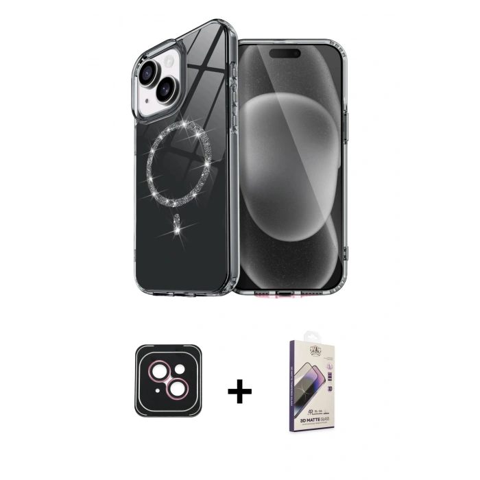 MARSİLYAN™- iPhone 14 Kılıf Kıvılcım Form Prime - Siyah Bilvis 3D Mat Cam Ekran Koruyucu + PVD Metal Kamera Lens - PE