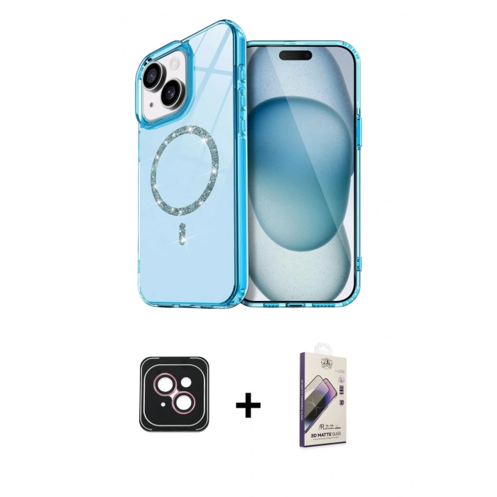 MARSİLYAN™- iPhone 14 Kılıf Kıvılcım Form Prime - Siyah Bilvis 3D Mat Cam Ekran Koruyucu + PVD Metal Kamera Lens - PE