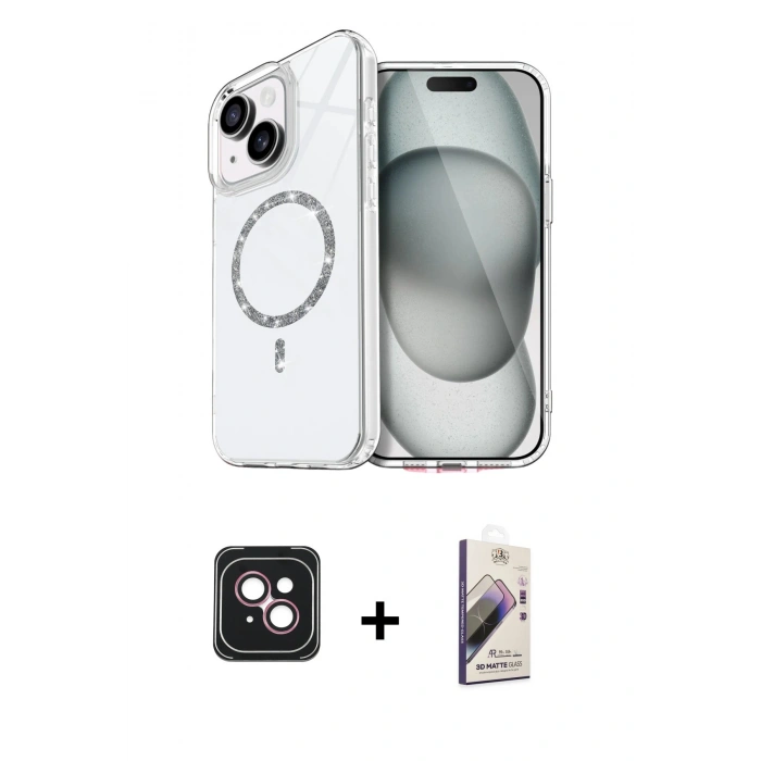 MARSİLYAN™- iPhone 14 Kılıf Kıvılcım Form Prime - Siyah Bilvis 3D Mat Cam Ekran Koruyucu + PVD Metal Kamera Lens - PE