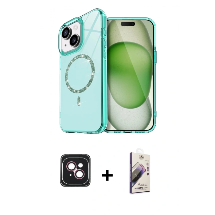 MARSİLYAN™- iPhone 14 Kılıf Kıvılcım Form Prime - Siyah Bilvis 3D Mat Cam Ekran Koruyucu + PVD Metal Kamera Lens - PE