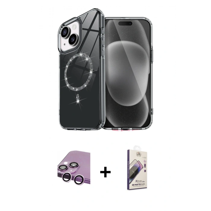 MARSİLYAN™- iPhone 14 Kılıf Kıvılcım Form Prime - Siyah Bilvis 3D Mat Cam Ekran Koruyucu + Raze Metal Kamera Lens - MR