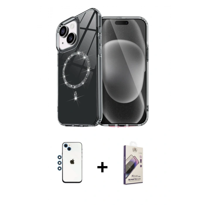 MARSİLYAN™- iPhone 14 Kılıf Kıvılcım Form Prime - Siyah Bilvis 3D Mat Cam Ekran Koruyucu + Shine Kamera Lens - MI