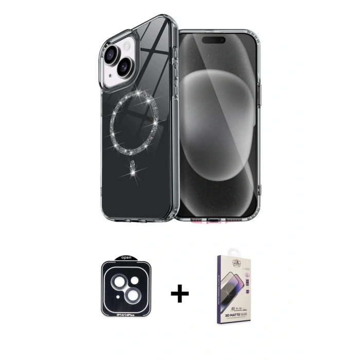 MARSİLYAN™- iPhone 14 Kılıf Kıvılcım Form Prime - Siyah Bilvis 3D Mat Cam Ekran Koruyucu + PVD Metal Kamera Lens - SH