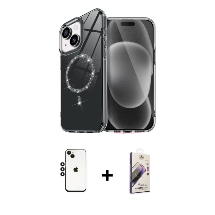MARSİLYAN™- iPhone 14 Kılıf Kıvılcım Form Prime - Siyah Bilvis 3D Mat Cam Ekran Koruyucu + Shine Kamera Lens - SH