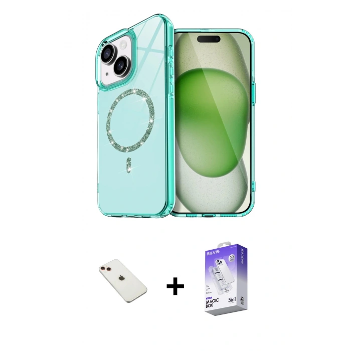 MARSİLYAN™- iPhone 14 Kılıf Kıvılcım Form Prime - Siyah Bilvis 5in1 3D Magic Cam Ekran Koruyucu + Diamond Kamera Lens - KI