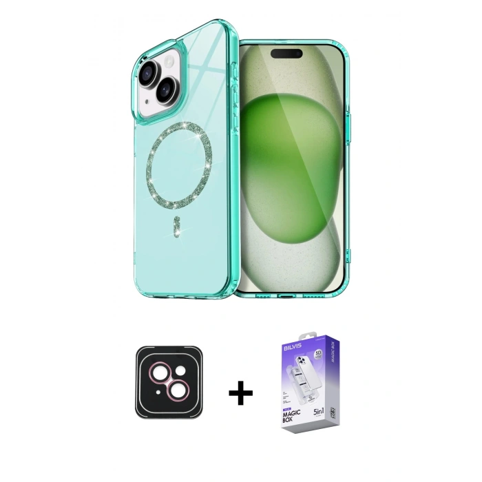 MARSİLYAN™- iPhone 14 Kılıf Kıvılcım Form Prime - Siyah Bilvis 5in1 3D Magic Cam Ekran Koruyucu + PVD Metal Kamera Lens - PE