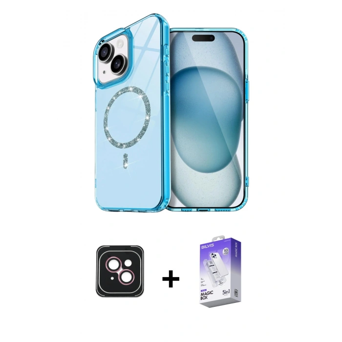 MARSİLYAN™- iPhone 14 Kılıf Kıvılcım Form Prime - Siyah Bilvis 5in1 3D Magic Cam Ekran Koruyucu + PVD Metal Kamera Lens - PE