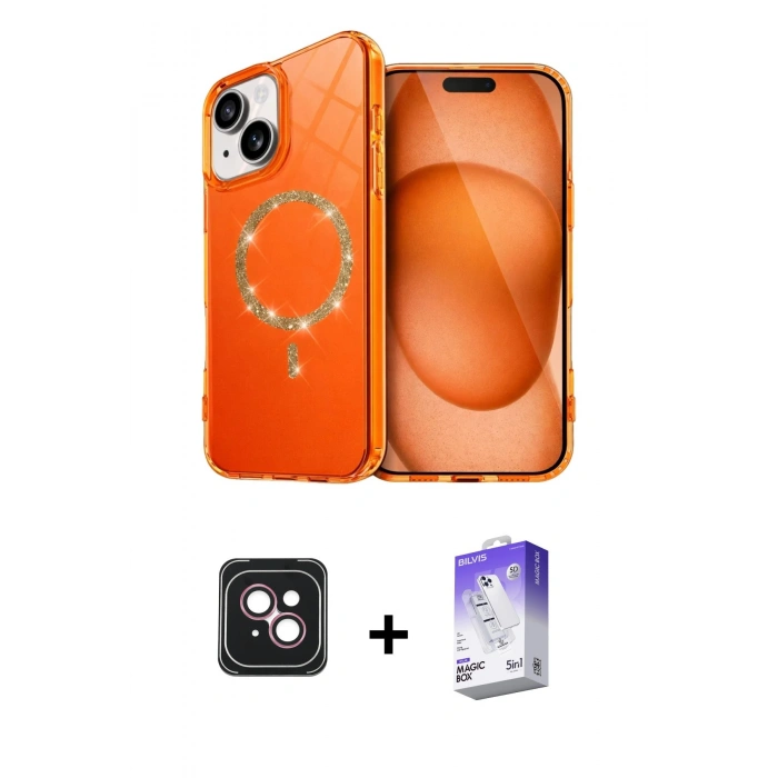 MARSİLYAN™- iPhone 14 Kılıf Kıvılcım Form Prime - Siyah Bilvis 5in1 3D Magic Cam Ekran Koruyucu + PVD Metal Kamera Lens - PE