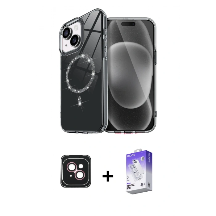 MARSİLYAN™- iPhone 14 Kılıf Kıvılcım Form Prime - Siyah Bilvis 5in1 3D Magic Cam Ekran Koruyucu + PVD Metal Kamera Lens - PE